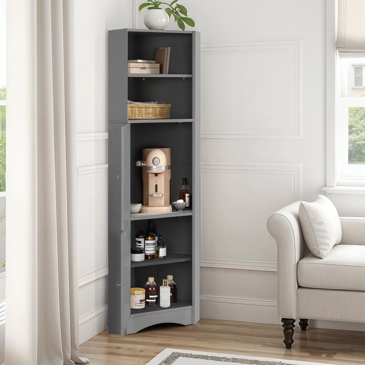STILVORA Badkamerkast Hoekkast Met Open Vak En Verstelbare Plank - Waterbestendige Spaanplaat - Hoog Model Voor Badkamer En Hal - 36.5x36.5x155 cm - Grijs