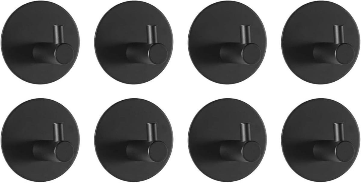 GELLDG Haken - Zwarte zelfklevende haken - Handdoekhaken zonder boren - Zelfklevende roestvrijstalen haken - Zelfklevend handdoekrek voor wandmontage - Geschikt voor badkamers, toiletten en keukens - Zwart - 8 stuks