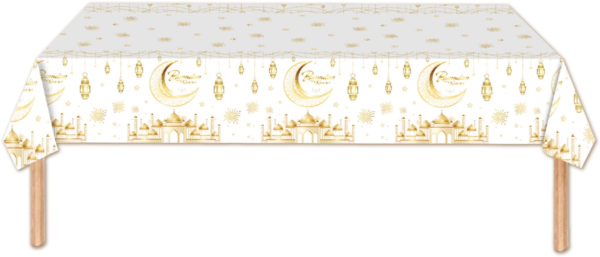 Q2P - Tafelkleed - Ramadan - Decoratie - Eid Mubarak - Tafellaken - Versiering - Wit & Goud - 137*274 Cm