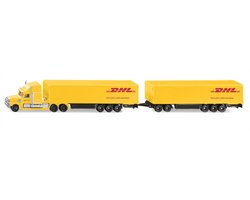SIKU 1806, Freightliner DHL Road Train, trekker met oplegger en aanhanger, 1:87, metaal/kunststof, geel, afneembare aanhanger