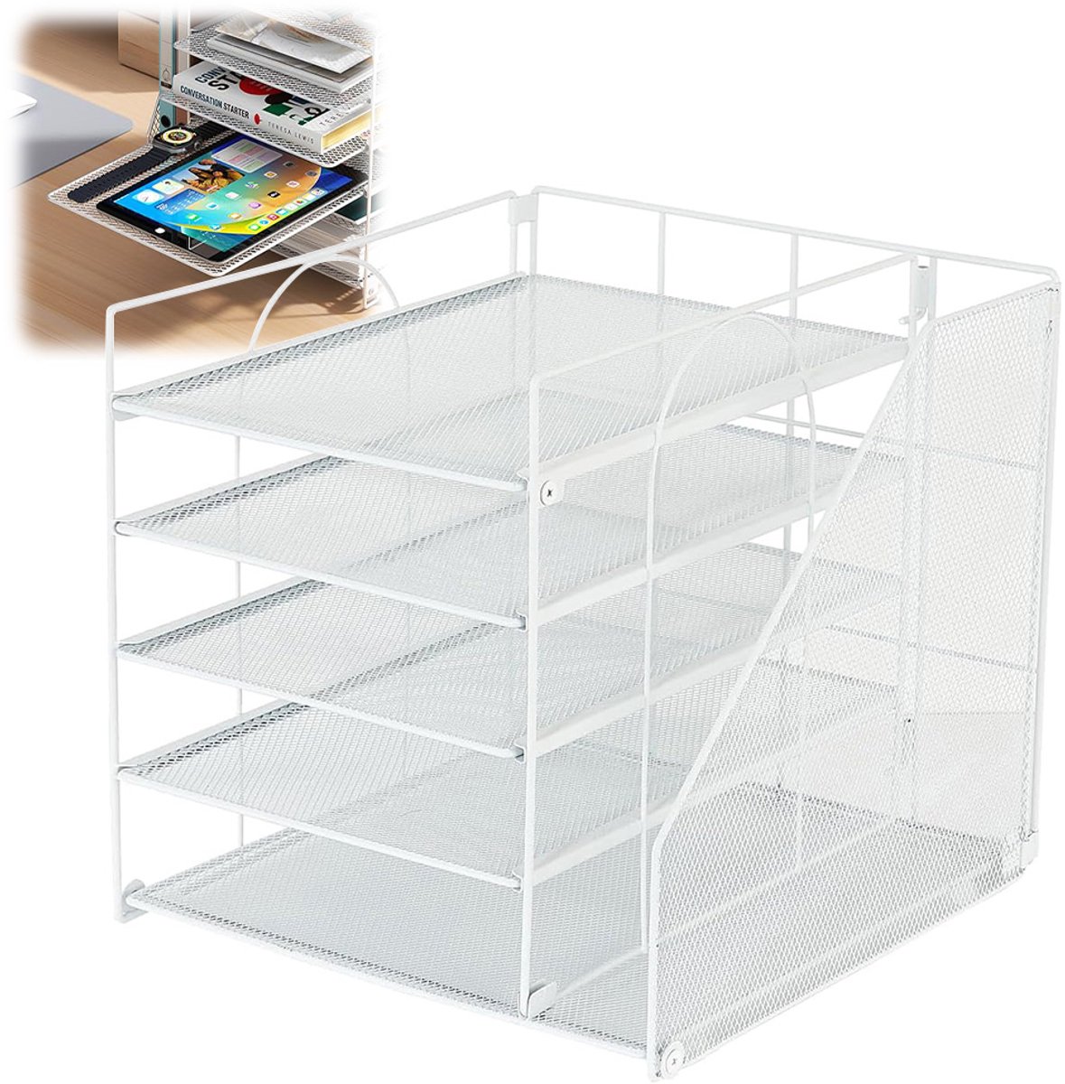 Bureau-Organizer - Metalen Bureau-Organizer voor Documenten - Ruimtebesparend - Vijflaags Documentenlade - Geschikt voor Kantoren, Huizen en Woonkamers - Wit