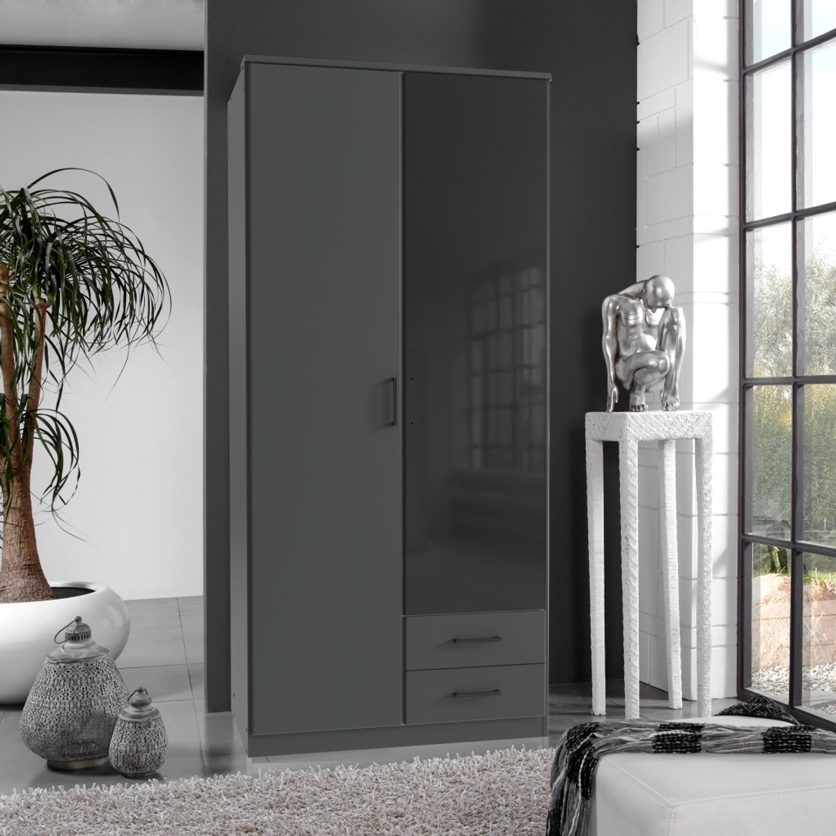 Kledingkast Toledo - Spaanplaat/Glas - Grafiet/Zwart - 90x199x58 cm (BxHxD)