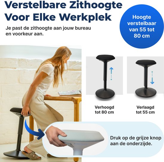 Wobblez® Wiebelkruk - Ergonomische Kruk Voor Zit Sta Bureau Met Een Hoogte 80 95 Cm Kruk In Hoogte Verstelbaar Van 55 75 Cm Witte Wiebelkruk Met Zwarte Zitting