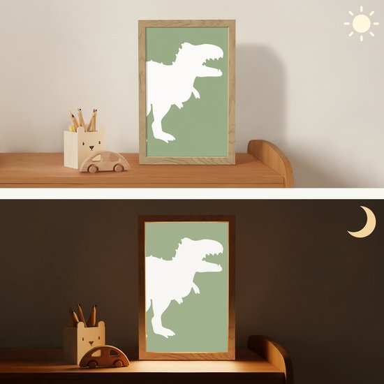 Nachtlampje 20x30 cm - Kinder lamp - Dino - T-rex - Dinosaurus - Groen - Tyrannosaurus rex - Tafellamp kinderkamer - Slaapkamer lamp - Bedlamp kinderen - Kinderlampje stopcontact - Wandlamp babykamer - Nachtlampjes van OnlyWow — afbeelding 4