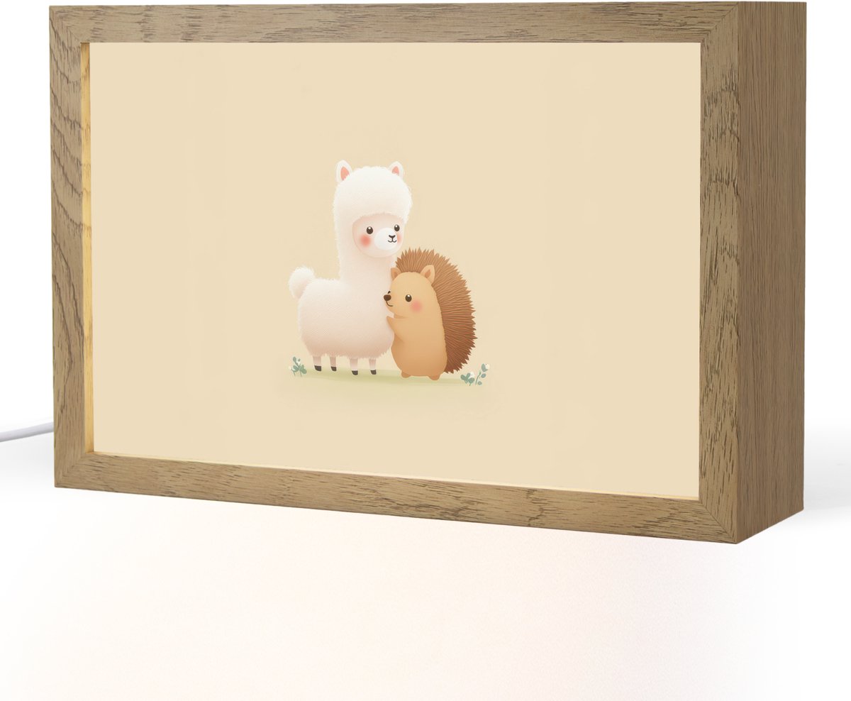 Nachtlampje 30x20 cm - Kinder lampje - Alpaca - Egel - Bruin - Knuffelen - Tafellamp kinde