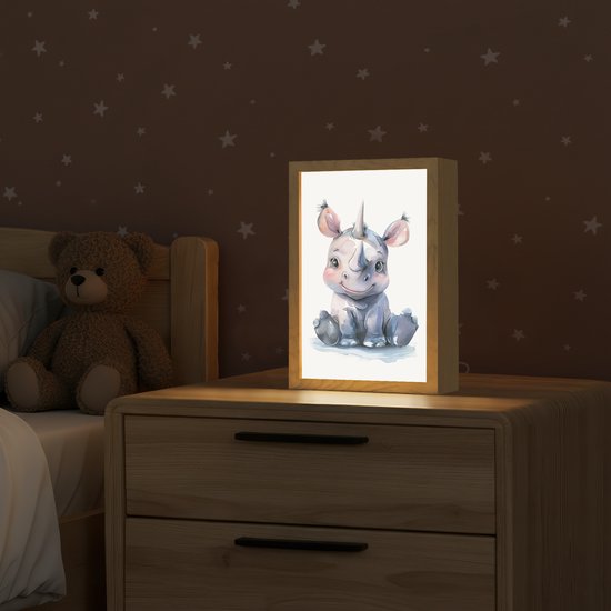 Nachtlampje 20x30 cm - Kinder lamp - Neushoorn - Baby dier - Dieren - Tafellamp kinderkamer - Slaapkamer lamp - Bedlamp kinderen - Kinderlampje stopcontact - Wandlamp babykamer - Nachtlampjes van Merkloos — afbeelding 2