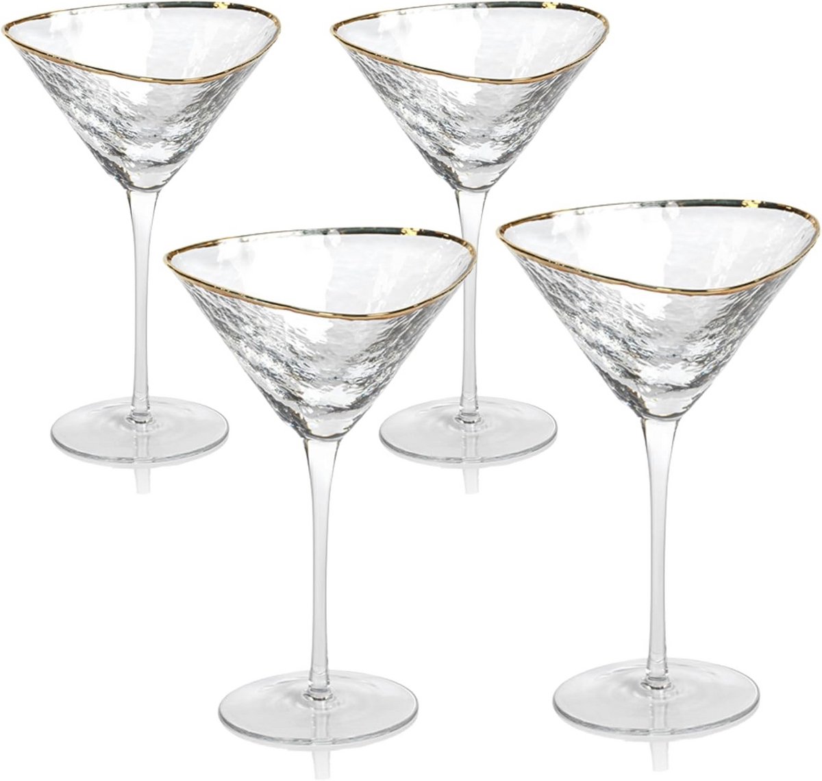 Set van 4 Driehoekige Cocktailglazen - Handgehamerd Martini Glas met Gouden Rand