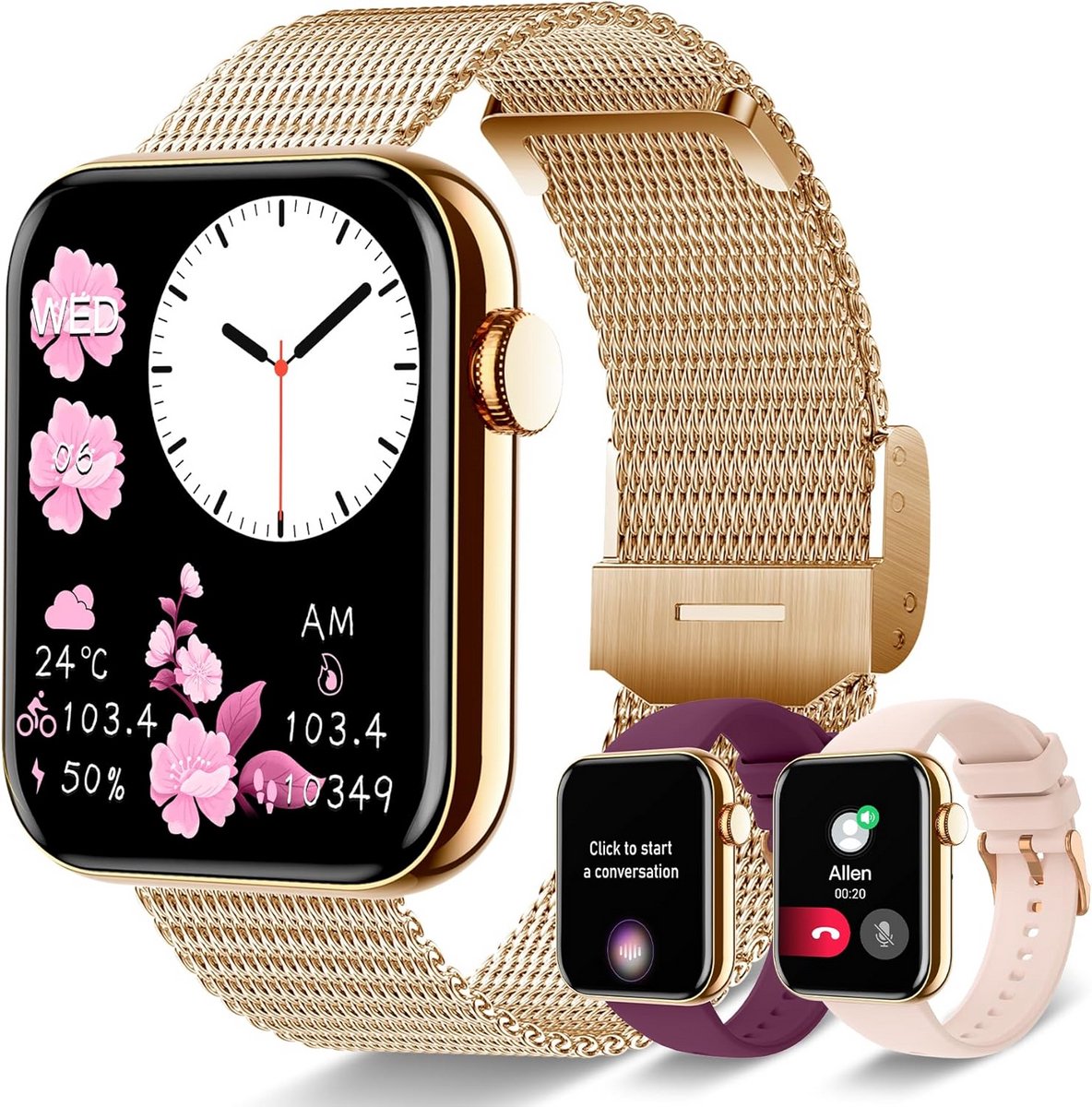 Dames Smartwatch met Bellen en WhatsApp - Fitness Tracker met Hartslagmeter en Slaapmonitor - 1.85 Inch - Roségoud