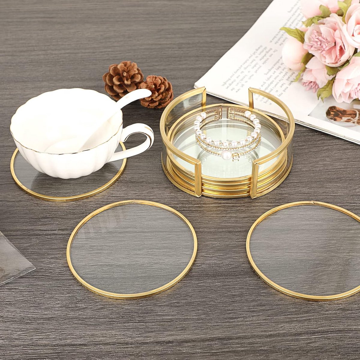 Set van 8 Ronde Glazen Onderzetters met Houder - Luxe Koperen Rand - Tafelbeschermers