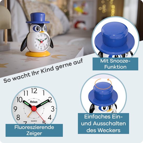 Leuke Kinderwekker Pinguïn met Licht, Snooze en Bewegende Ogen - Analoge Tijd Leren — afbeelding 5