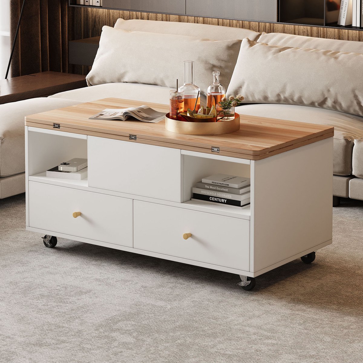 REDOM Salontafel 100x50x47,5 cm van MDF, verstelbare hef- en klapfunctie met 4 lades en wieltjes Natuurlijk