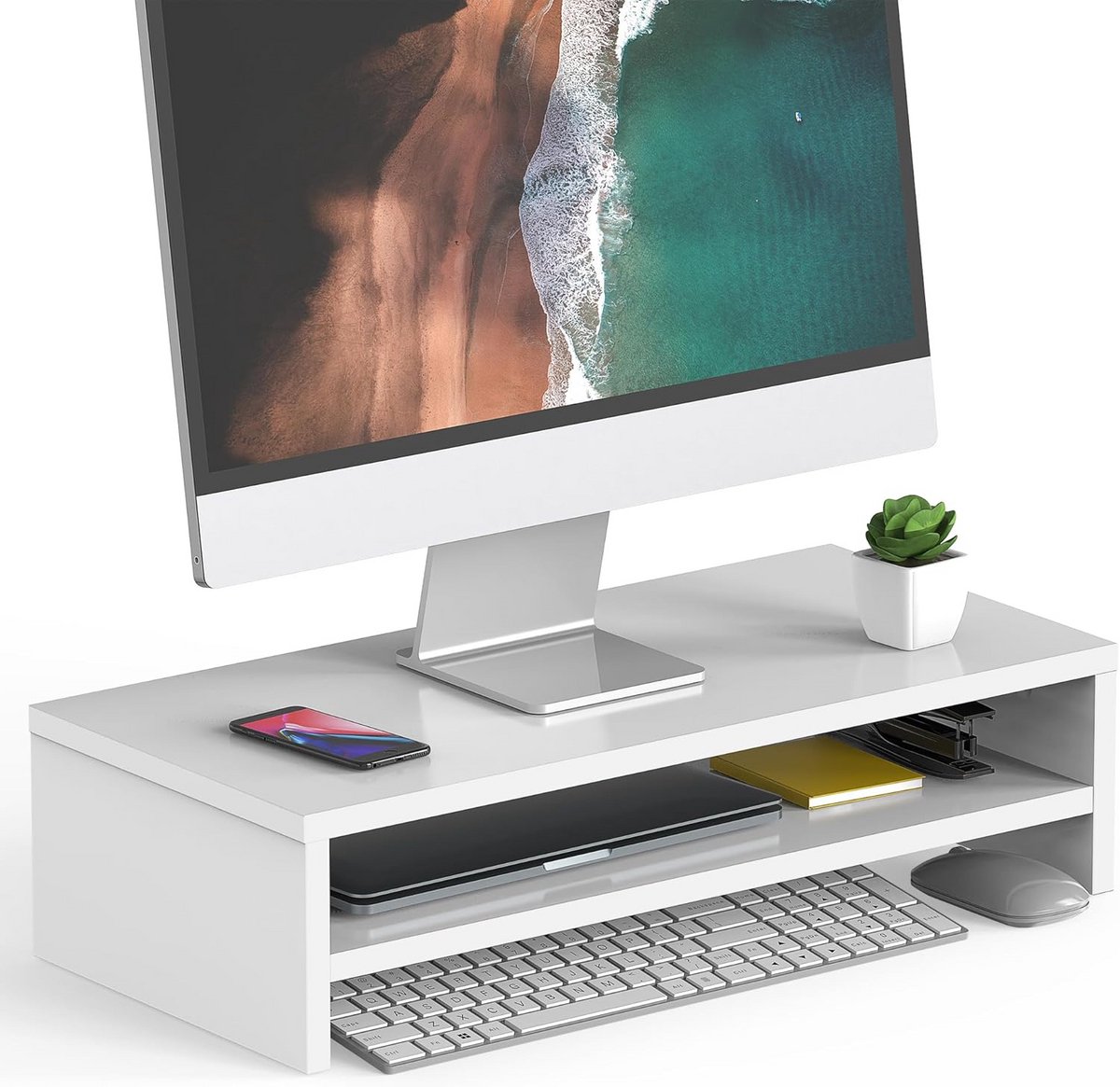 Monitorstandaard Hout 2 Lagen - Desktop Verhoger met Opslag voor Computer en Laptop - Wit