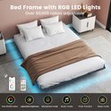 Zwart metalen bedframe met RGB LED-verlichting en afstandsbediening met veel kleuropties en functies.