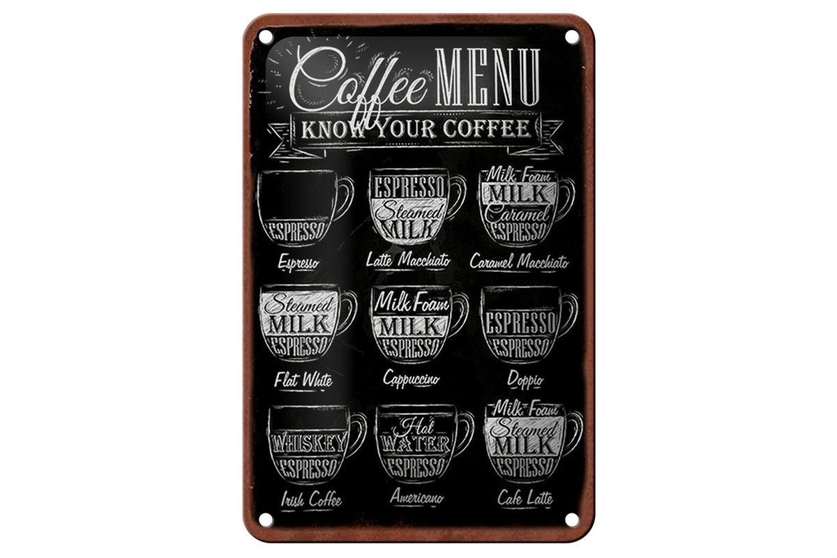 Blechschild Kaffee 12x18cm Coffee Menu flat white Doppio