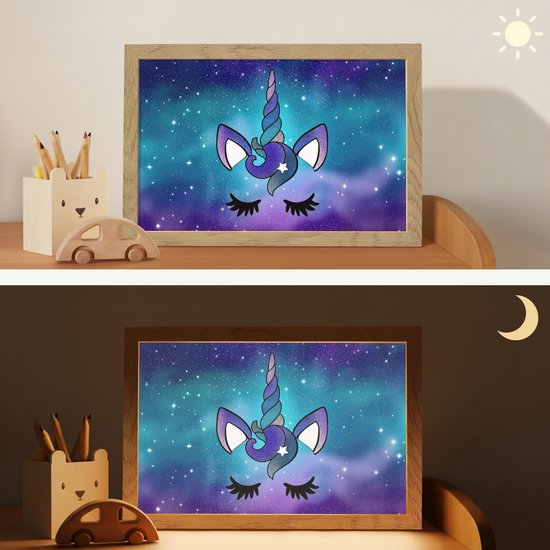 Nachtlampje 30x20 cm - Kinder lamp - Eenhoorn - Sterrenhemel - Ster - Blauw - Tafellamp kinderkamer - Slaapkamer lamp - Bedlamp kinderen - Kinderlampje stopcontact - Wandlamp babykamer - Nachtlampjes van Merkloos — afbeelding 4