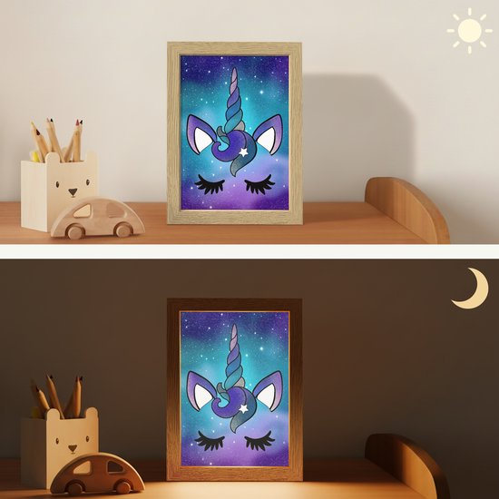 Nachtlampje 15x20 cm - Kinder lamp - Eenhoorn - Sterrenhemel - Ster - Blauw - Tafellamp kinderkamer - Slaapkamer lamp - Bedlamp kinderen - Kinderlampje stopcontact - Wandlamp babykamer - Nachtlampjes van Merkloos — afbeelding 4