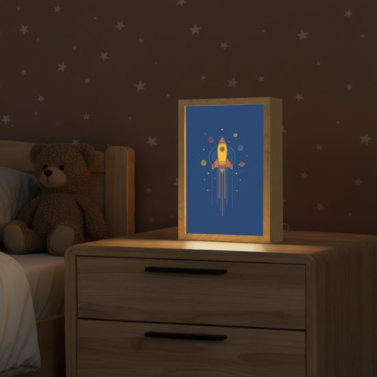 Nachtlampje 20x30 cm - Kinder lamp - Raket - Blauw - Sterren - Tafellamp kinderkamer - Slaapkamer lamp - Bedlamp kinderen - Kinderlampje stopcontact - Wandlamp babykamer - Nachtlampjes van Merkloos — afbeelding 2