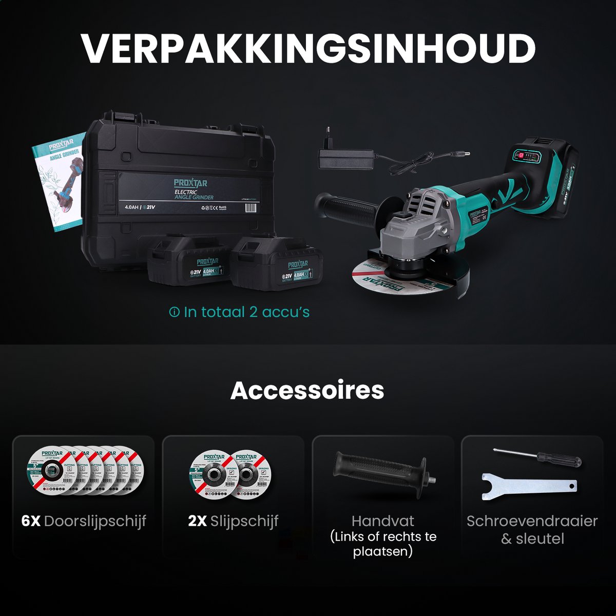 ProXtar Haakse Slijper - Elektrische Slijpmachine - Draadloze Slijptol - Incl. 8x schijven & 2x Accu - Ø125MM – foto 8