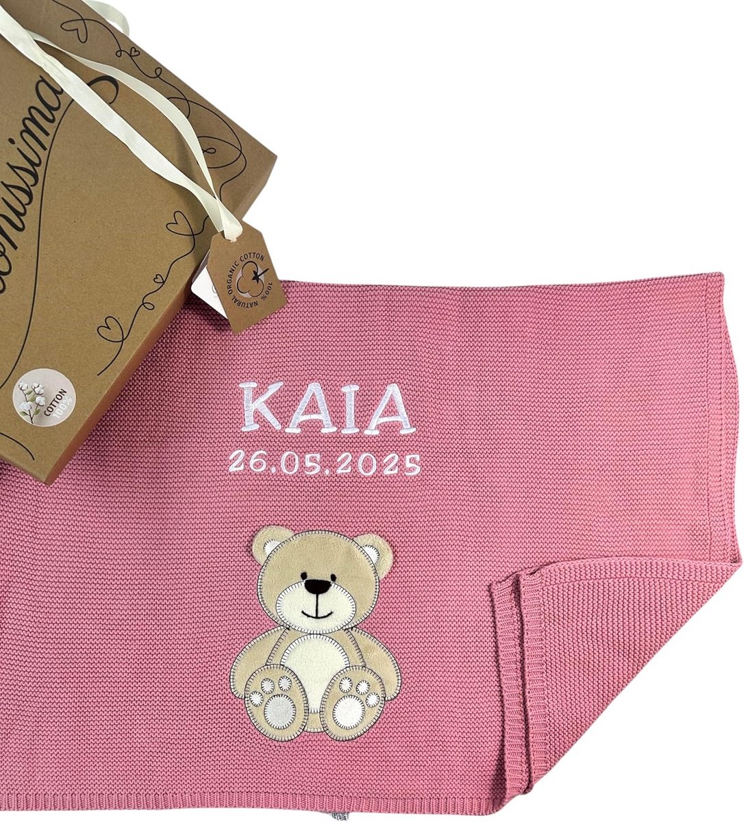 Luxe Gepersonaliseerde Babydeken Katoen - Ideaal Kraamcadeau, Doop of Babyshower - Oudroze Beer