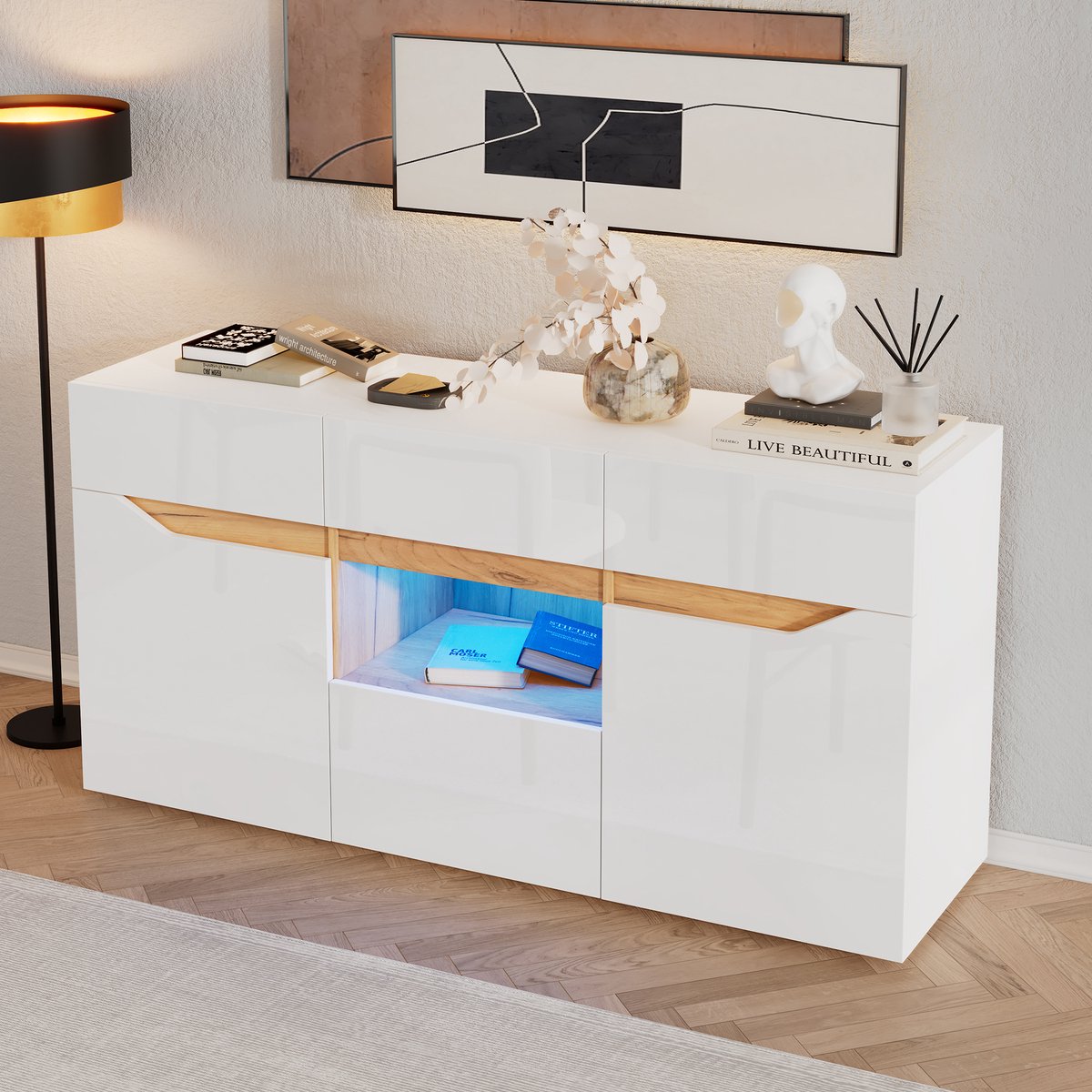 REDOM Dressoir 140x40x70 cm van spaanplaat, wit en houtkleur, hoogglans-front met LED en 4 laden