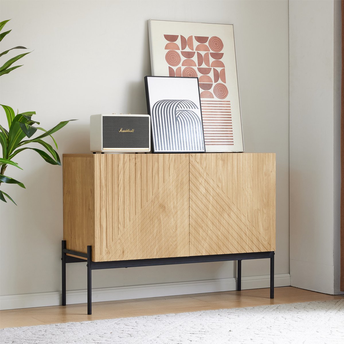 Wishdor Dressoir Met 2 Deuren - Lijnendesign - Verstelbare Plank - Spaanplaat - Naturel - 100 X 40 X 75 Cm Natuurlijk