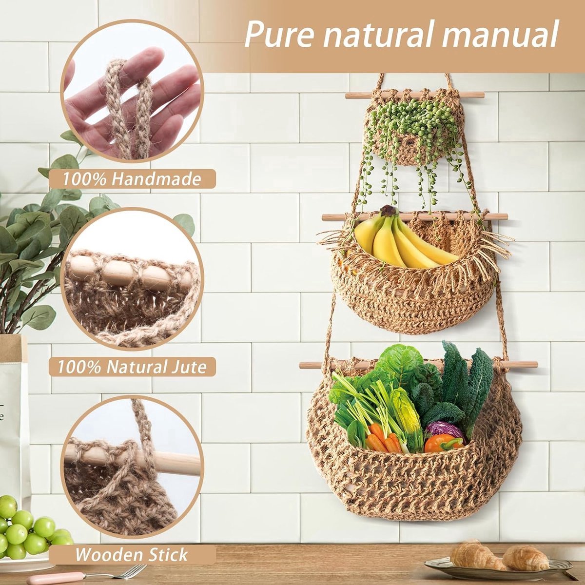 Stunq® Hangende fruitmand, 3 lagen boven de deur, hangende jutemand, handgeweven jute voor keuken, woonkamer, badkamer (Juta)