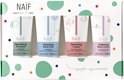 Naïf Baby & Kids mini set met vier tubes: nourishing shampoo, cleansing wash gel, nurturing cream, softening body lotion.