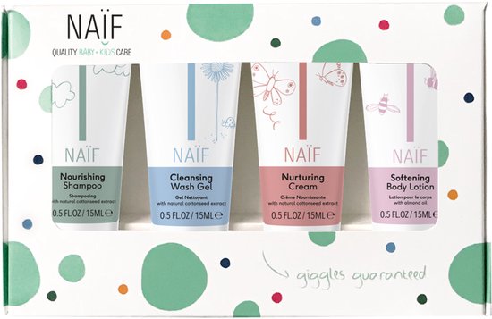 Naïf Baby & Kids mini set met vier tubes: nourishing shampoo, cleansing wash gel, nurturing cream, softening body lotion.