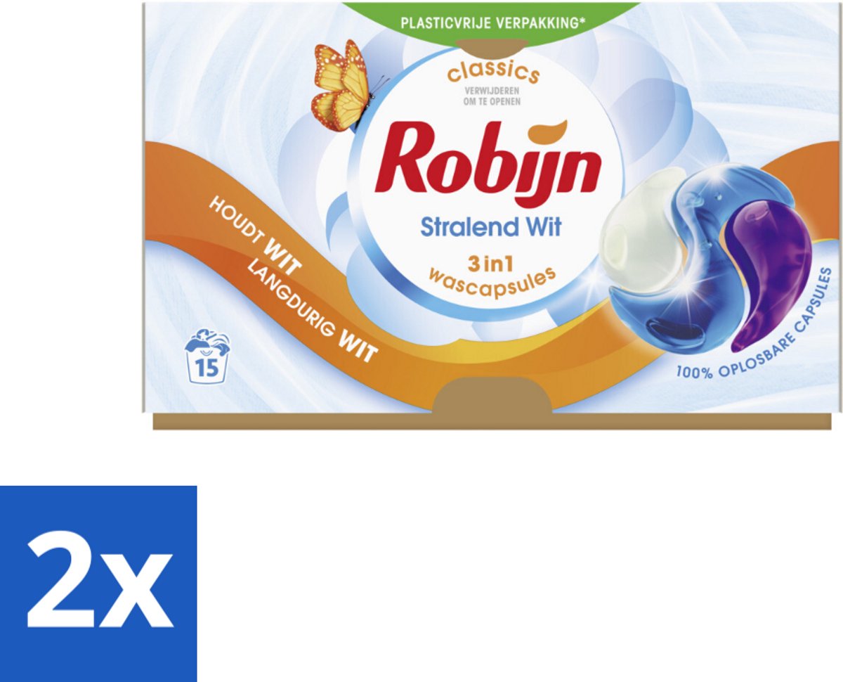 2 x Robijn - 3-in-1 Stralend Wit - Wascapsules - 15 Wasbeurten - Witte Was - Wascapsules - Wasmiddel - Vlekken Verwijderen - Frisse Geur