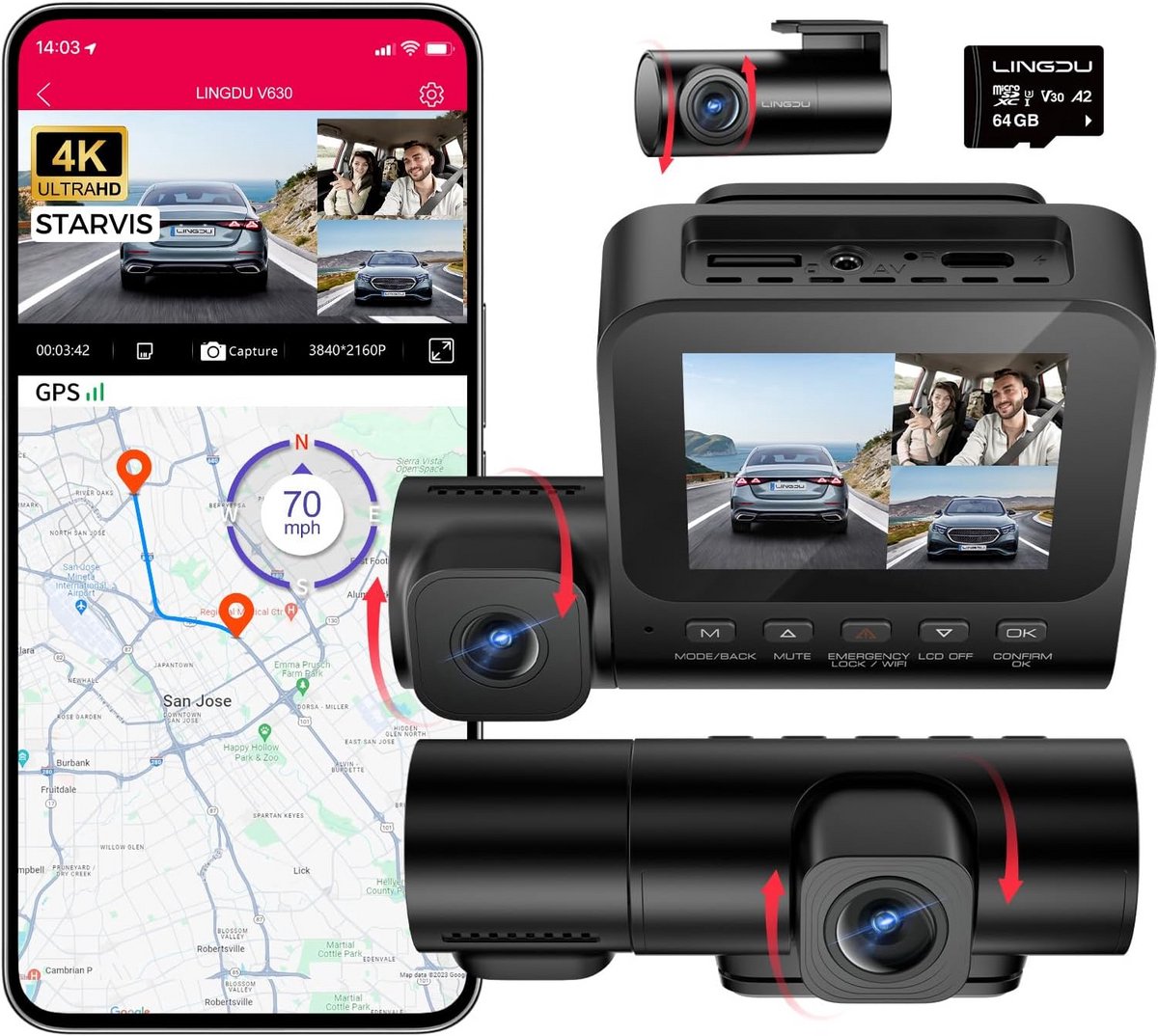 Dashcam 4K + 1080p met GPS en nachtzicht