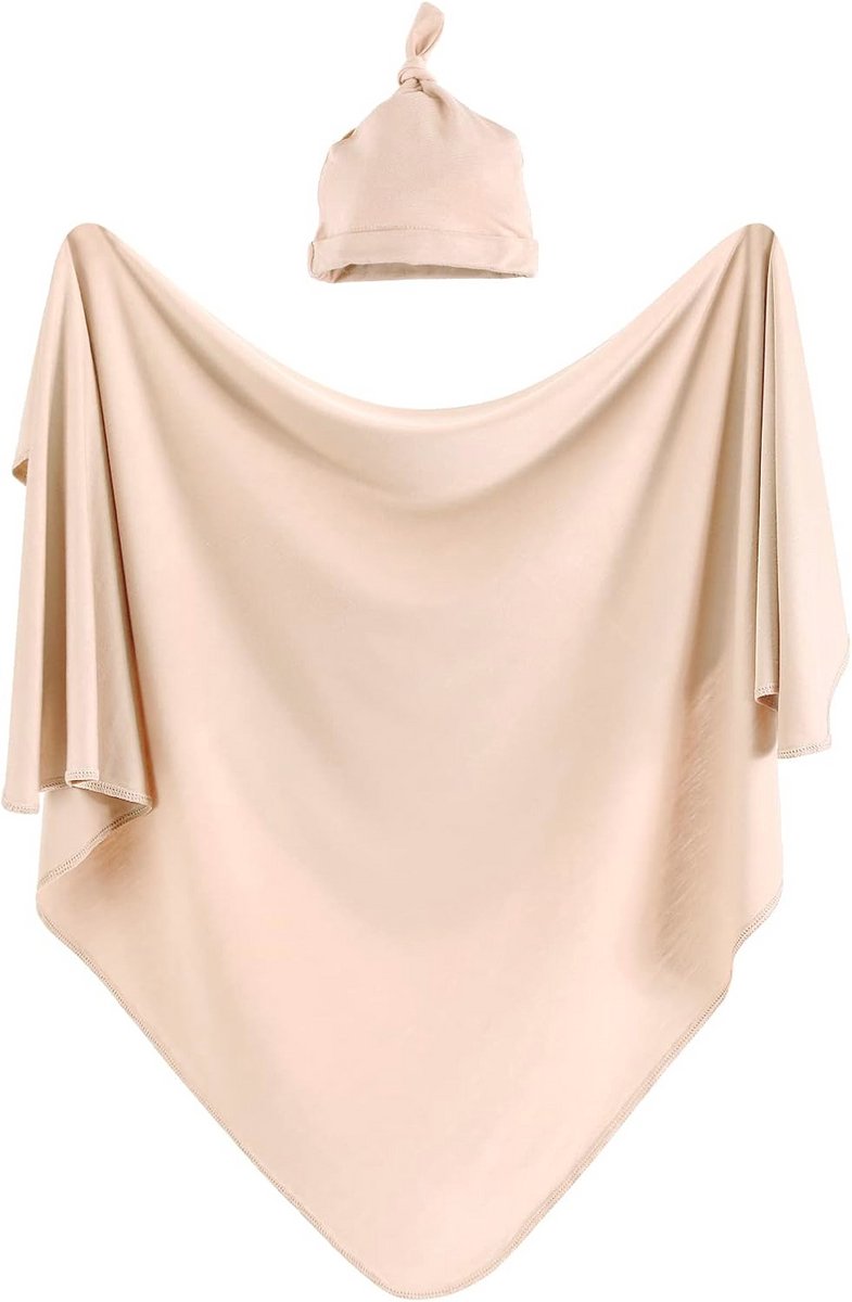Baby Inbakerdeken met Hoed Set - Comfortabele en Ademende Wrap voor Pasgeborenen - 114x114cm (Beige)