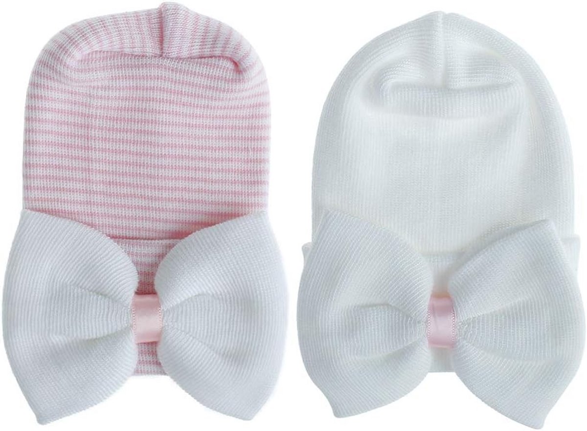 Zachte Katoenen Geboortemutsjes met Strik voor Baby's (0-3 Maanden, 2 Stuks)