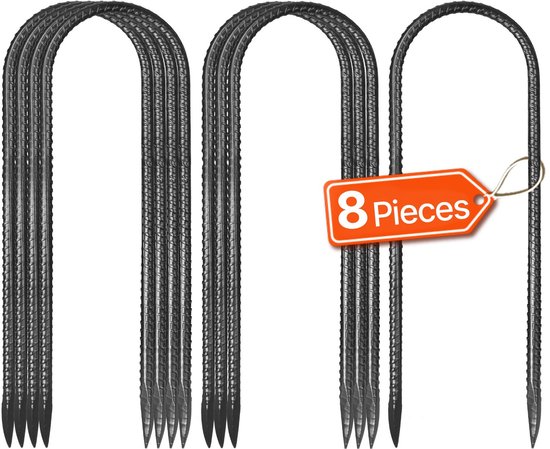 Grondankers - U-vorm Grondpennen & Tentharingen - Afmeting 30,5 x 8,2 cm - Diameter 8 mm - Verzinkt Staal - Voor Tenten, Luifels & Trampolines - Set 8 Stuks