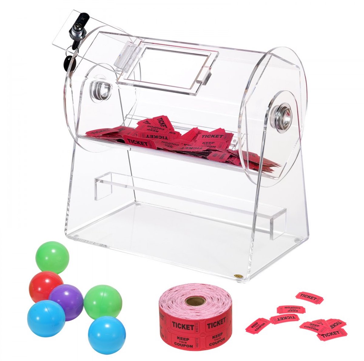 Loterijtrommel - Verlotingstrommel/Trekkingkooi - Capaciteit 2500 Loten of 100 Ballen - Transparant - Met Slot en 2 Sleutels - Draaibare Basis - Voor Tombola