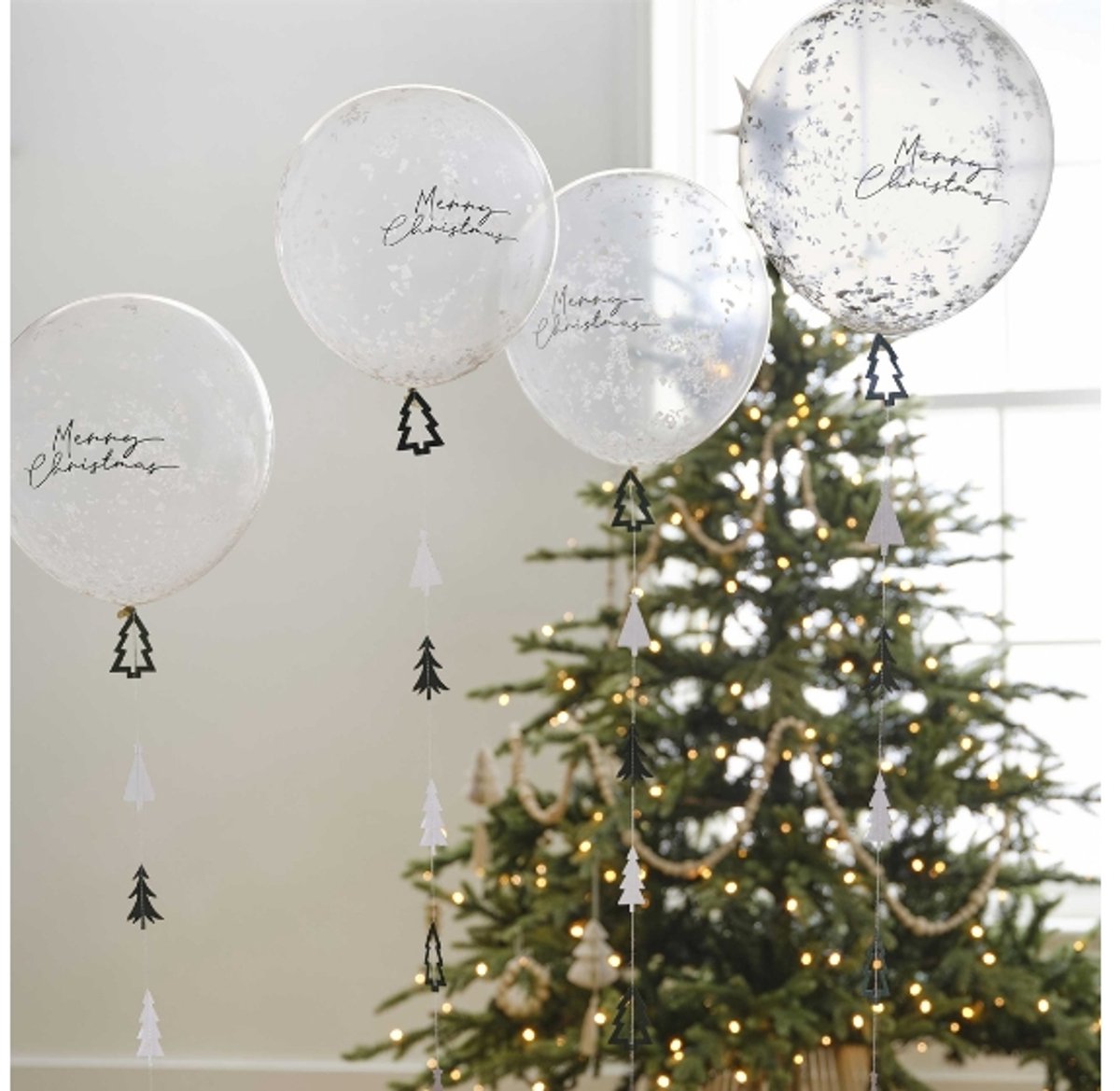 Daily Style – Witte confetti ballonnen merry christmas + ballonstaartje ginger ray (5st) – (5st) – 5 stuks