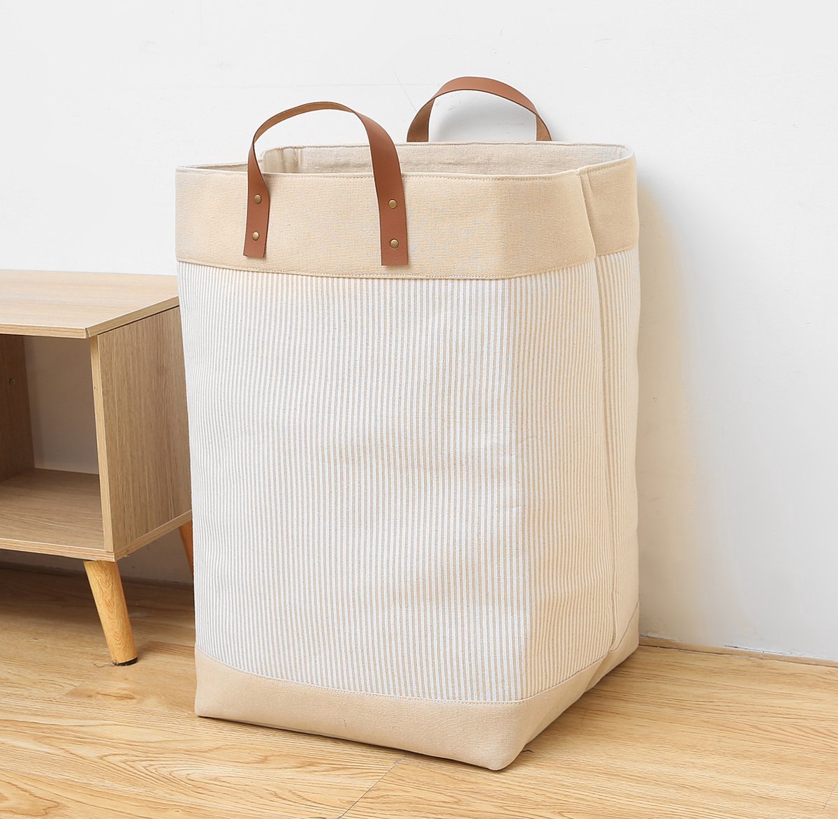 Webzon – Wasmand – Wasmanden – Wasmand inklapbaar – Opvouwbare Wasmand – 30×35×55 cm – Engels design – Jute stof met leren handvatten – Opbergmand – Opvouwbaar en ruimtebesparend – Creme-beige