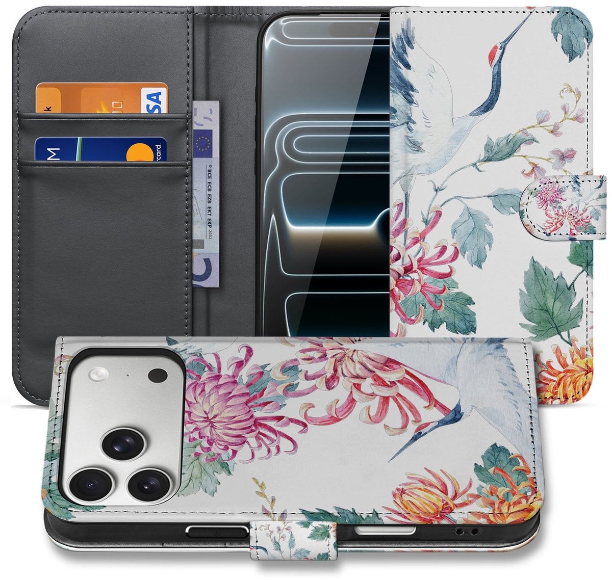 Apple iPhone 17 Pro Max Bookcase Hoesje Met Pasjes Bird Flowers Print