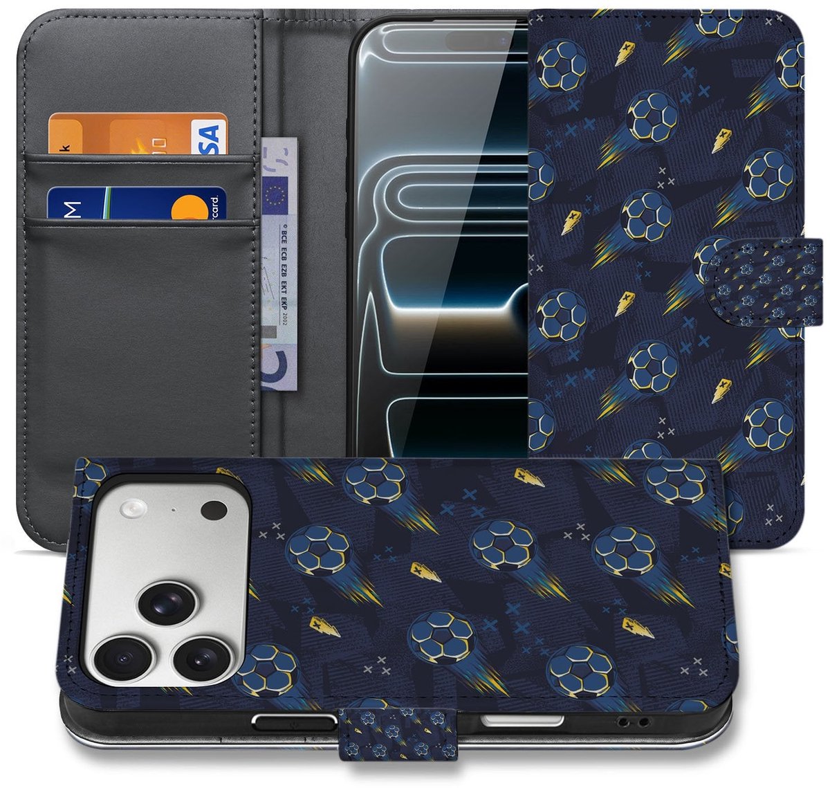 Apple iPhone 17 Pro Hoesje Voetbal Design PU Leer Met 3 Pasjes