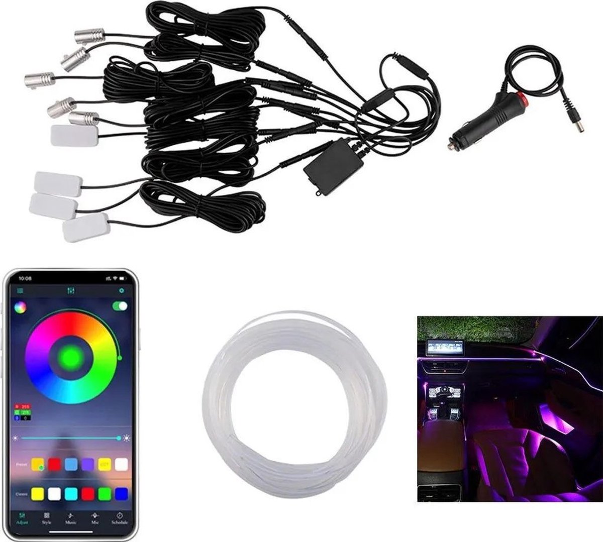 LED-interieurverlichting in de auto, 5-in-1, 6 meter lange RGB-glasvezelkabel, 16 miljoen kleuren, muzieksynchronisatie en bediening van het dashboard en de bekleding via een app.
