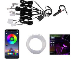 LED-interieurverlichting in de auto, 5-in-1, 6 meter lange RGB-glasvezelkabel, 16 miljoen kleuren, muzieksynchronisatie en bediening van het dashboard en de bekleding via een app.