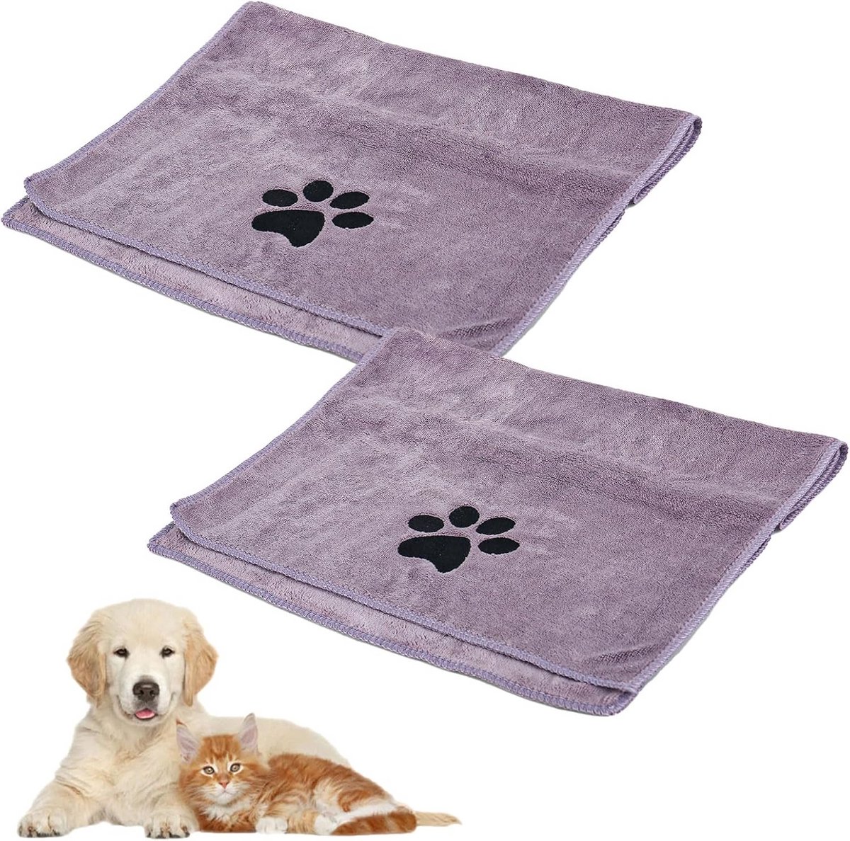 Allecto Plus - Absorberende hondenhanddoeken in paars - 2 stuks - 75 x 35 cm - Sneldrogend microvezel - Voor honden, katten en andere huisdieren