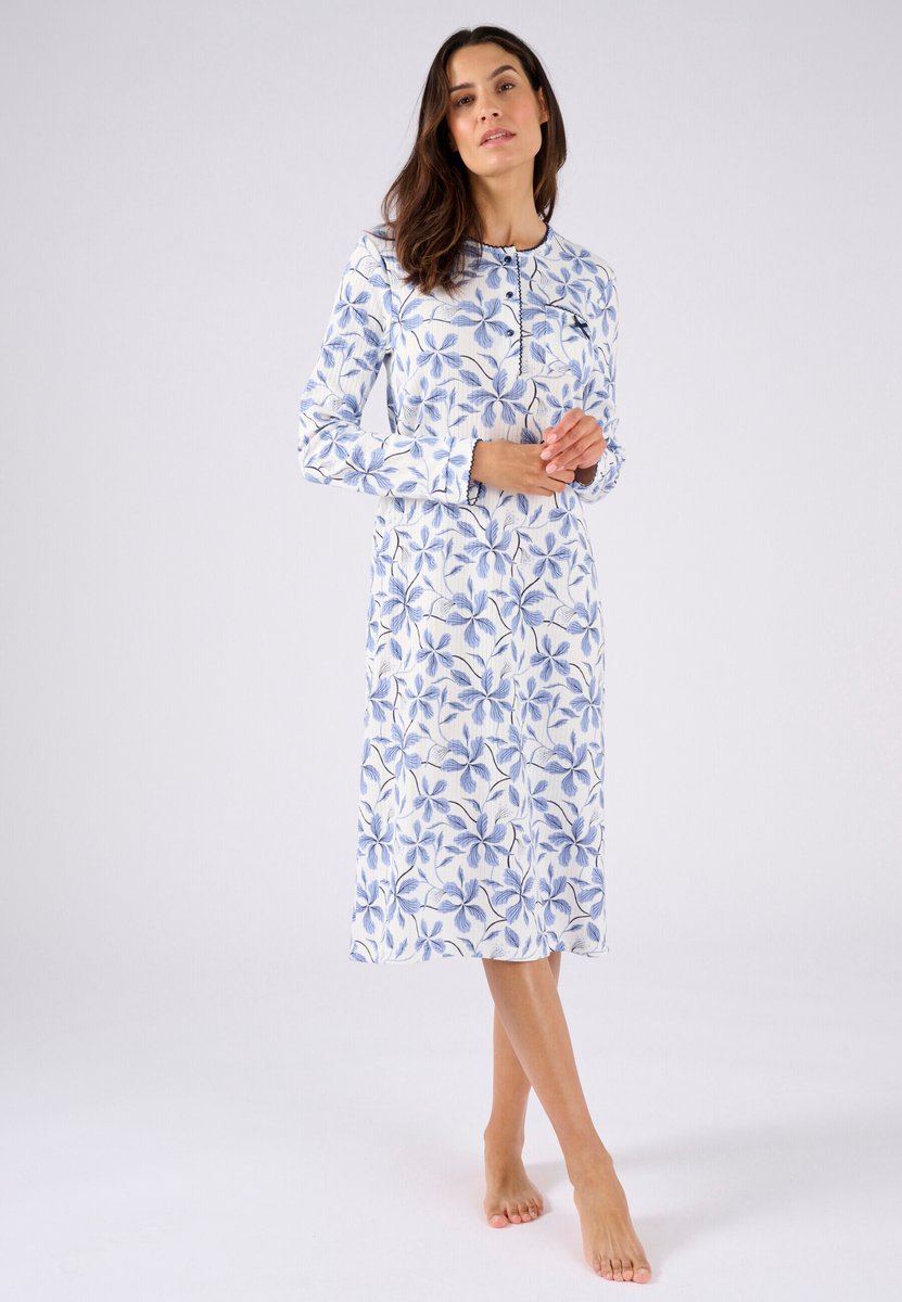 Damart - Ribgebreid nachthemd, licht geborstelde binnenkant - Dames - Blauw - 46-48 (L)