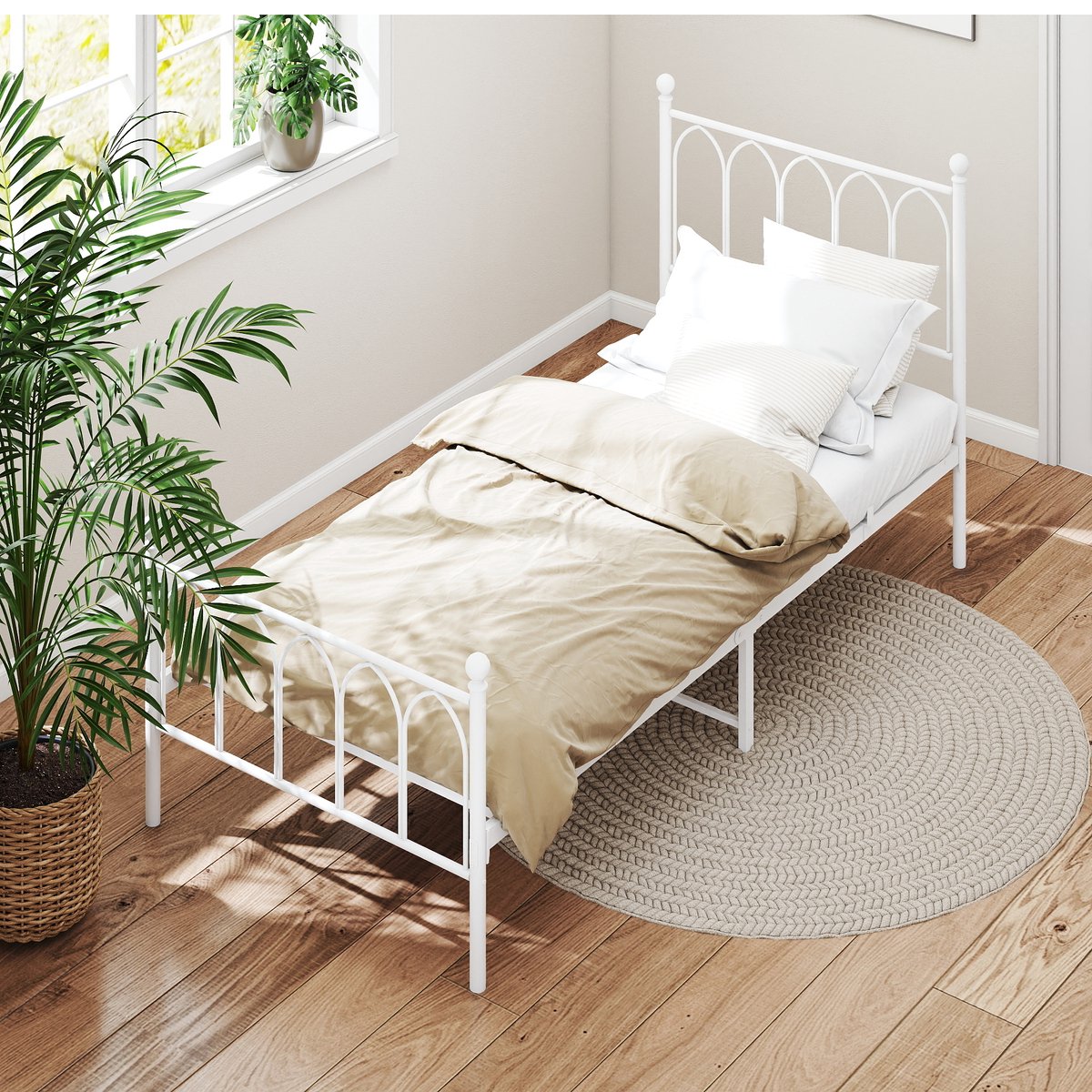 Wishdor Romantisch Metalen Bed - Eenpersoonsbed met Lattenbodem - 27 cm Opbergruimte - Vintage Wit - 90x200 cm