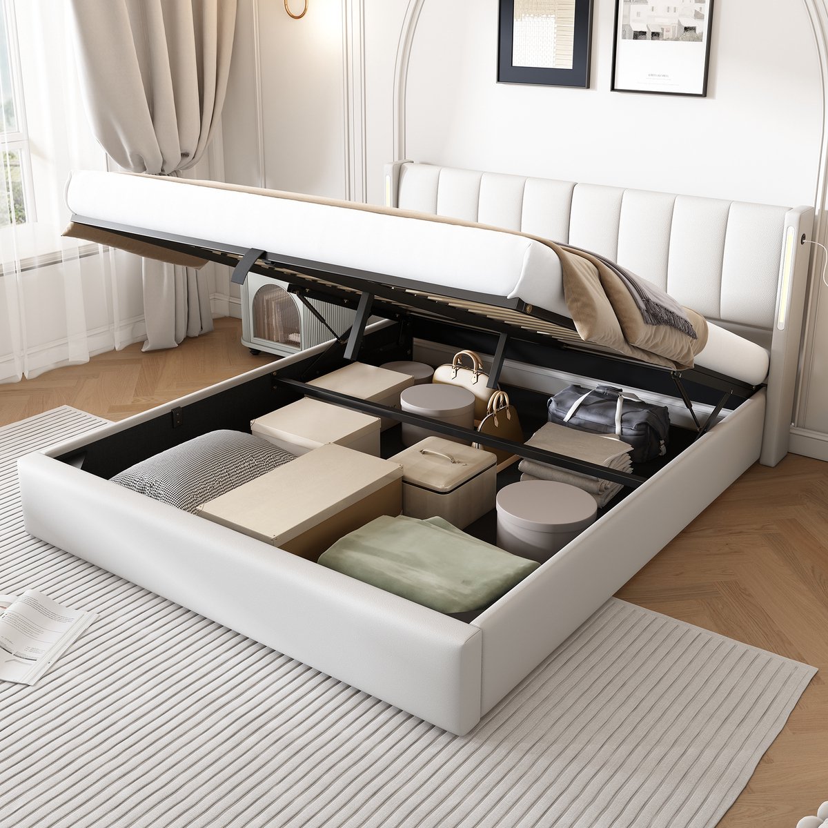 Wishdor Gestoffeerd Opbergbed 140x200 cm – LED & USB – Verstelbaar Hoofdbord 0-30° – Wit PU – High-Tech & Strak