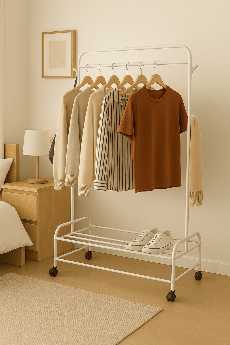 Lendo Online Industrieel Kledingrek met 4 wielen - Metaal met poedercoating - 110x55x160cm - Wit- Opbergruimte Voor Schoenen - Garderoberek Met Haken - Kledingstang - Voor Hal, Slaapkamer, Logeerkamer