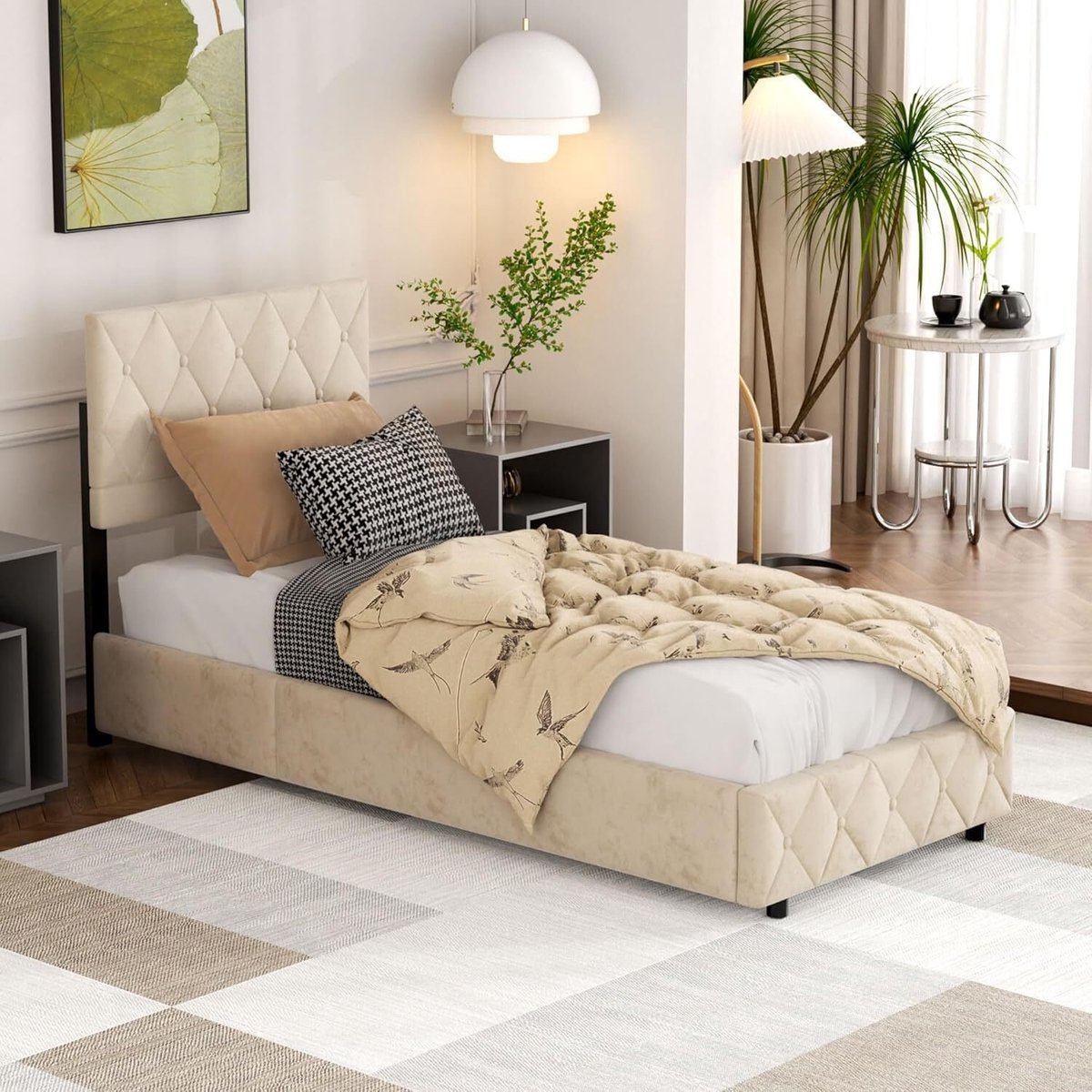 REDOM Bedframe 90x190 cm – Fluweel beige – Met zacht hoofdbord & opbergruimte – Modern
