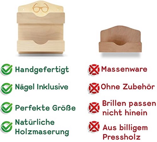 Vergelijking van houten brillenhouder: handgemaakt met natuurlijke houtnerf versus massaproductie van spaanplaat.
