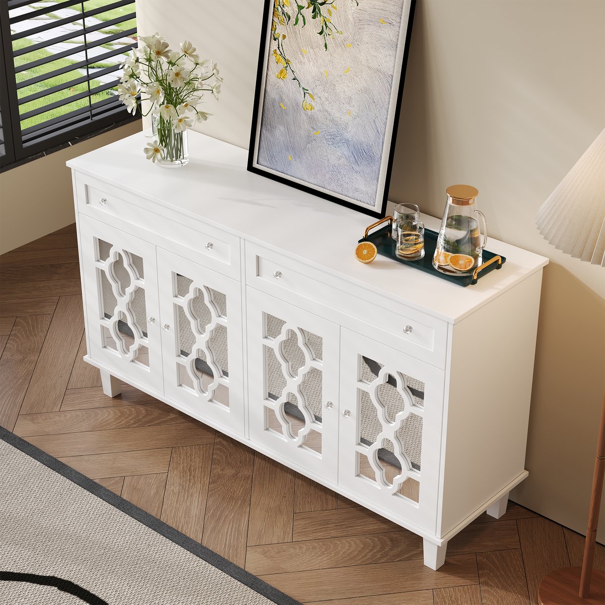 Wishdor Dressoir Met Vier Spiegeldeuren - Twee Lange Lades - Verstelbare Legplanken - Kristalvormige Grepen - MDF - Wit - 140 X 40 X 83 Cm White