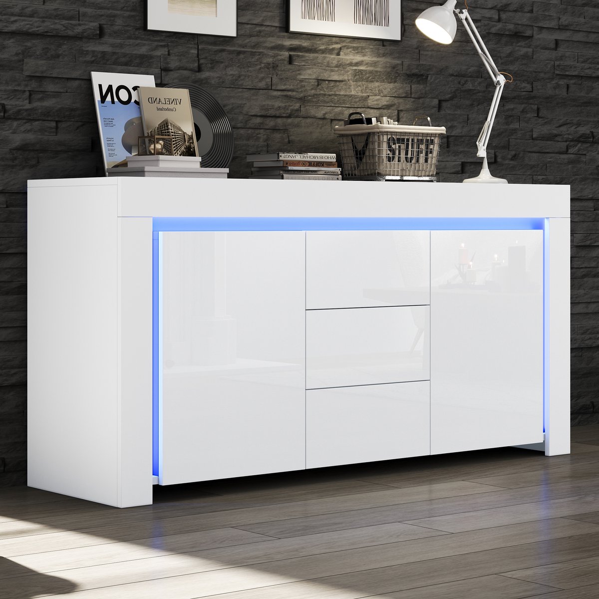 Wishdor Dressoir Met 2 Deuren En 3 Lades - Hoogglans Voorzijde - Met Led-Lichtstrip - Met Verstelbare Legplanken - Mdf - Wit - 140 X 40 X 65 Cm