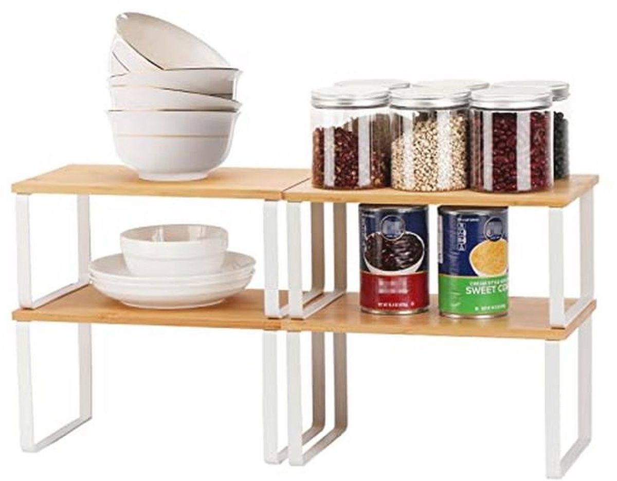 Uitbreidbaar en stapelbaar bamboe kast plank organizer 4-pack